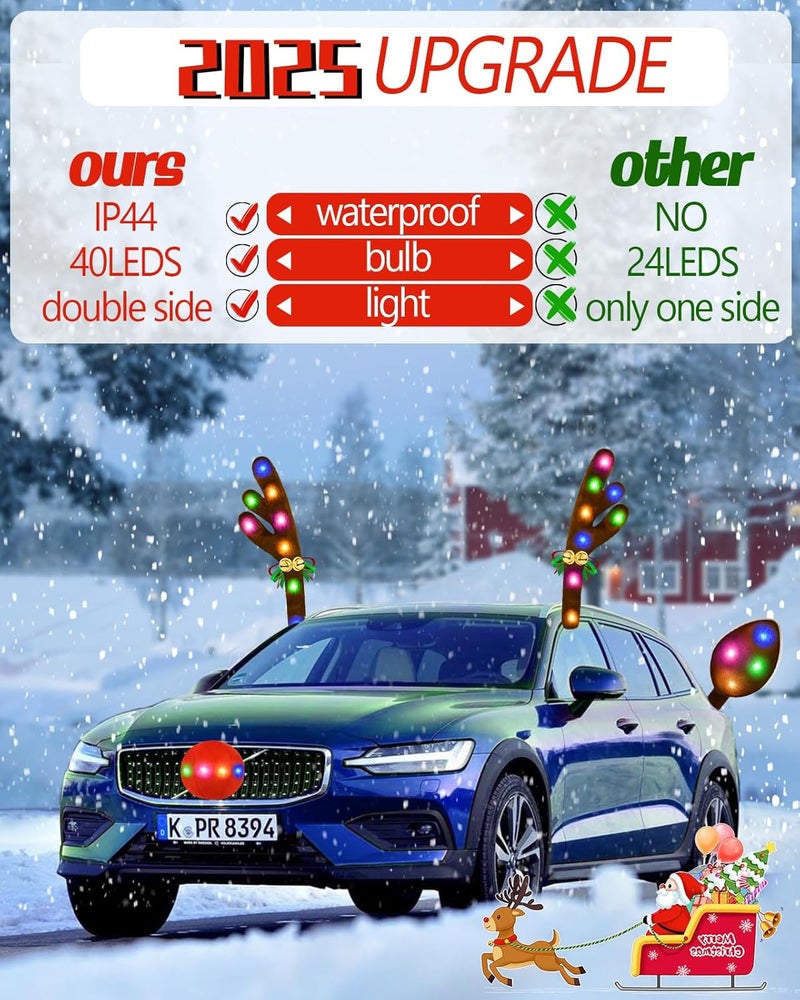 Dergo Christmas Reindeer Antlers Car Decoration Kit, IP44 Waterproof LED Lights Nose Vehicle with Jingle Bells Rudolph, Auto Holiday Accessories for SUV Van Truck Decor Multicolor - Image 2